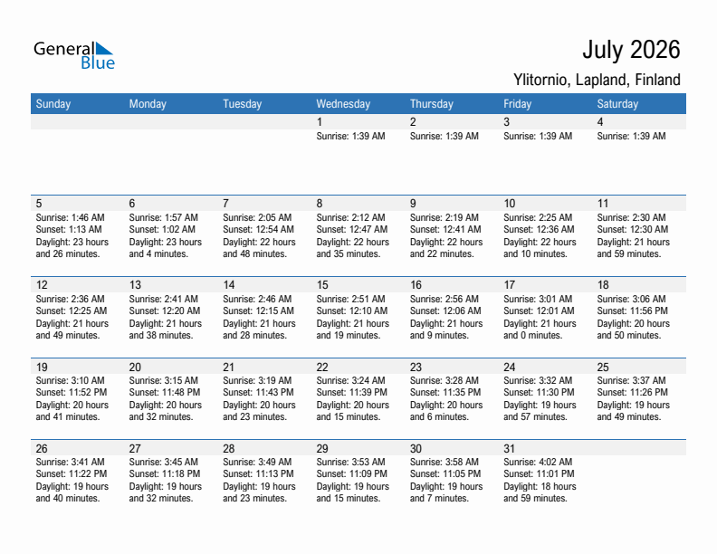 Ylitornio July 2026 sunrise and sunset calendar in PDF, Excel, and Word