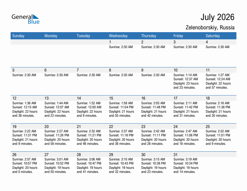Zelenoborskiy July 2026 sunrise and sunset calendar in PDF, Excel, and Word
