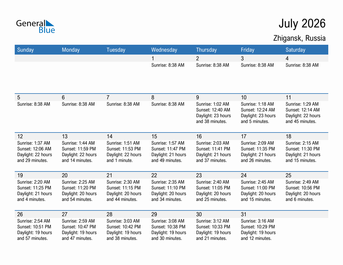 July 2026 sunrise and sunset calendar for Zhigansk
