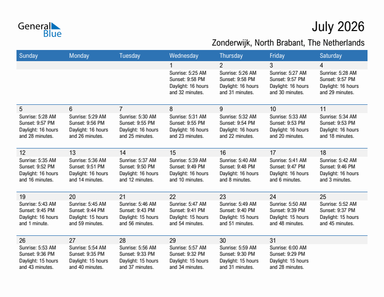 Zonderwijk July 2026 sunrise and sunset calendar in PDF, Excel, and Word