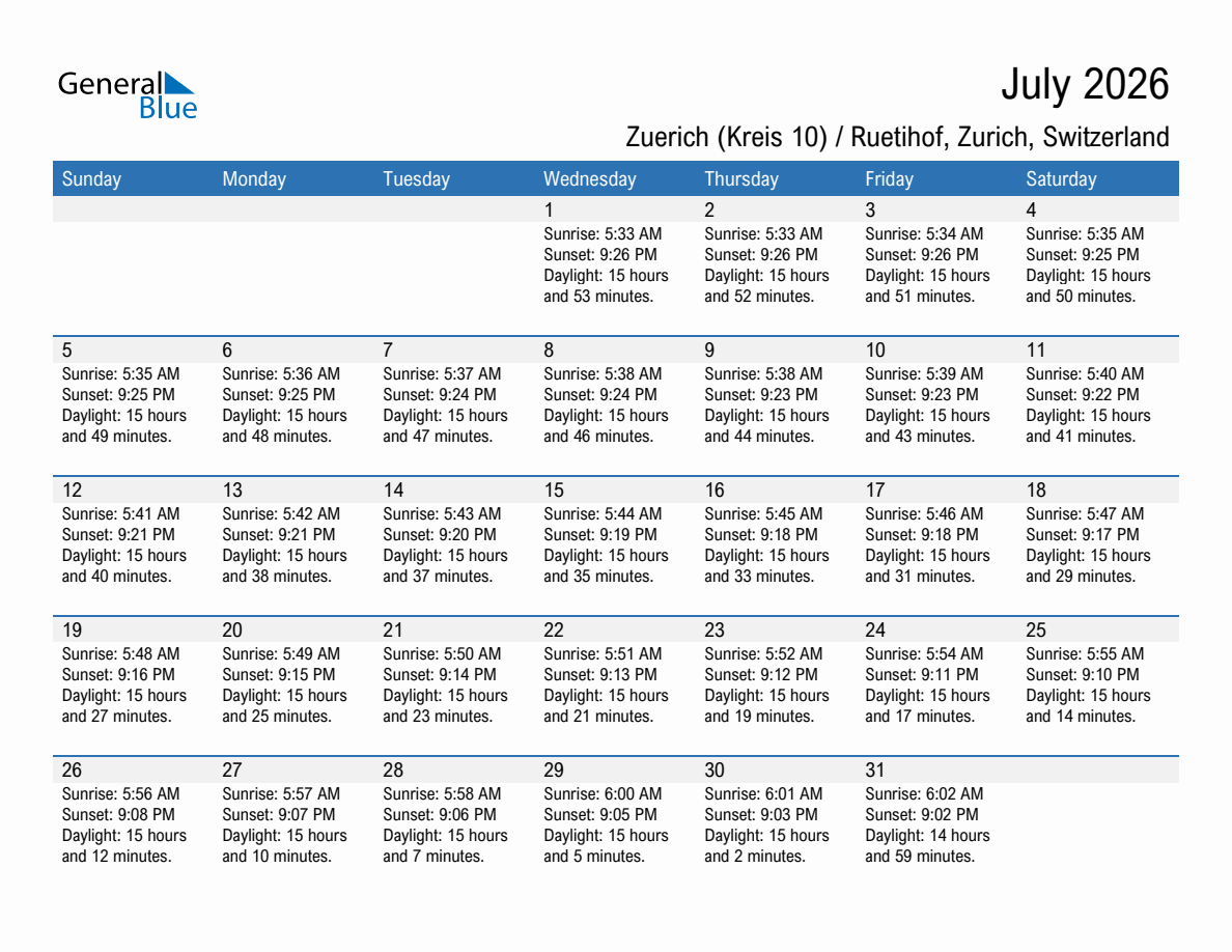 July 2026 sunrise and sunset calendar for Zuerich (Kreis 10) / Ruetihof