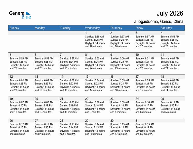 Zuogaiduoma July 2026 sunrise and sunset calendar in PDF, Excel, and Word