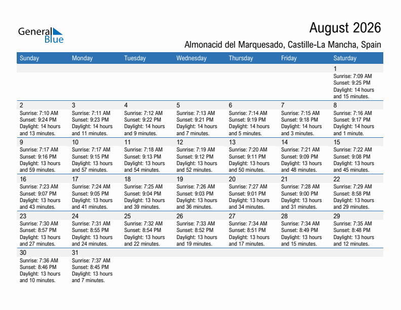 Almonacid del Marquesado August 2026 sunrise and sunset calendar in PDF, Excel, and Word