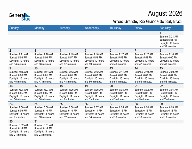 Arroio Grande August 2026 sunrise and sunset calendar in PDF, Excel, and Word