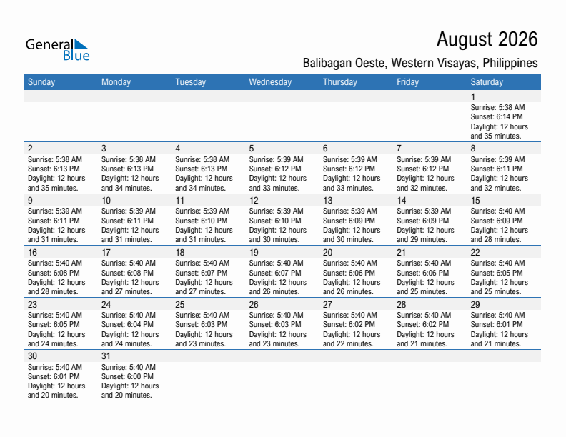 Balibagan Oeste August 2026 sunrise and sunset calendar in PDF, Excel, and Word