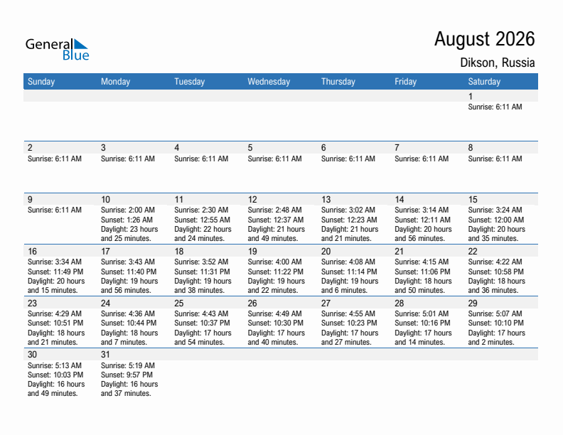Dikson August 2026 sunrise and sunset calendar in PDF, Excel, and Word