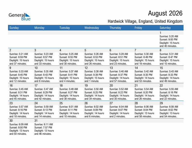 Hardwick Village August 2026 sunrise and sunset calendar in PDF, Excel, and Word