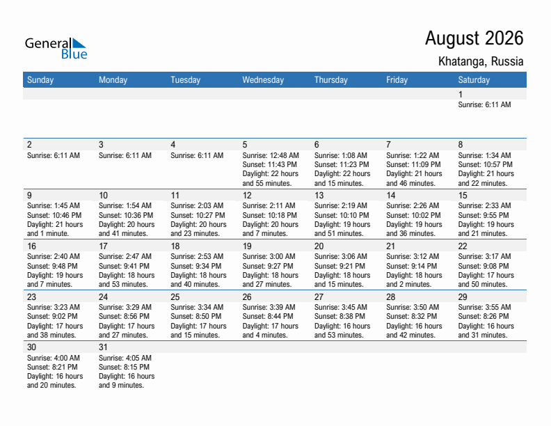 Khatanga August 2026 sunrise and sunset calendar in PDF, Excel, and Word