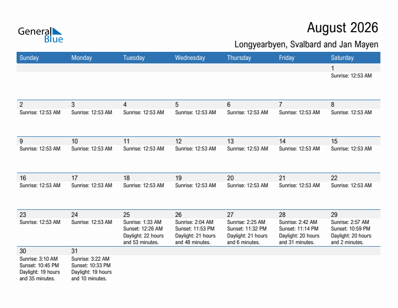 Longyearbyen August 2026 sunrise and sunset calendar in PDF, Excel, and Word