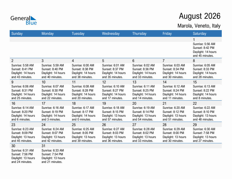 Marola August 2026 sunrise and sunset calendar in PDF, Excel, and Word