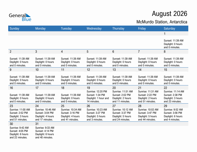 McMurdo Station August 2026 sunrise and sunset calendar in PDF, Excel, and Word