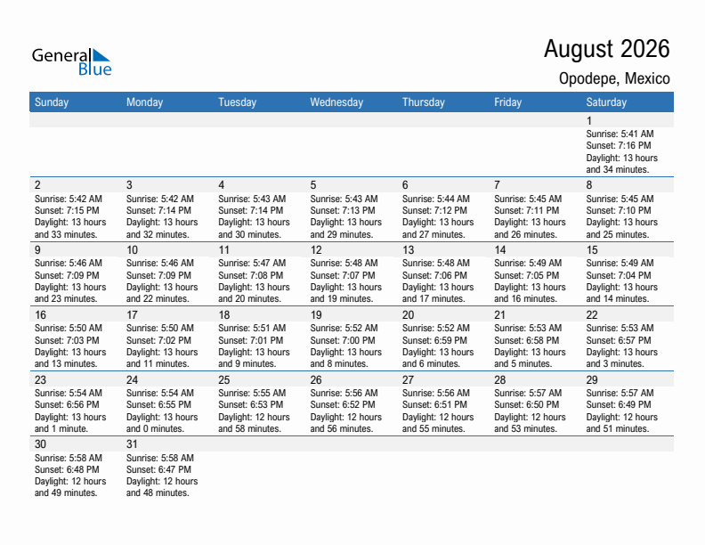 Opodepe August 2026 sunrise and sunset calendar in PDF, Excel, and Word