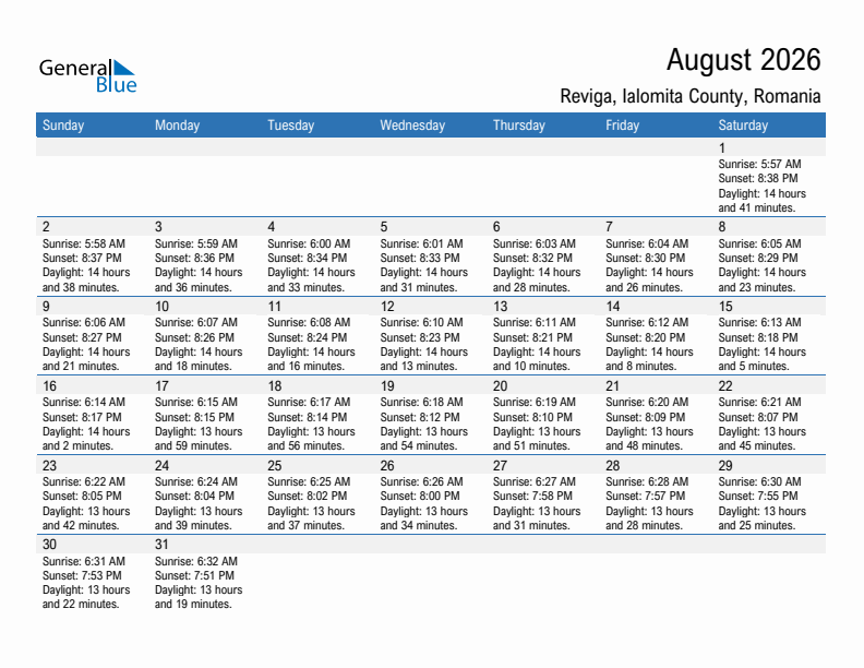 Reviga August 2026 sunrise and sunset calendar in PDF, Excel, and Word