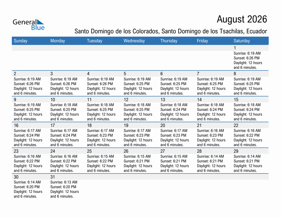 August 2026 sunrise and sunset calendar for Santo Domingo de los Colorados