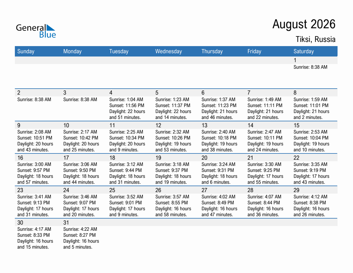 August 2026 sunrise and sunset calendar for Tiksi