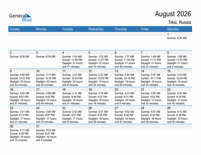 Tiksi August 2026 sunrise and sunset calendar in PDF, Excel, and Word