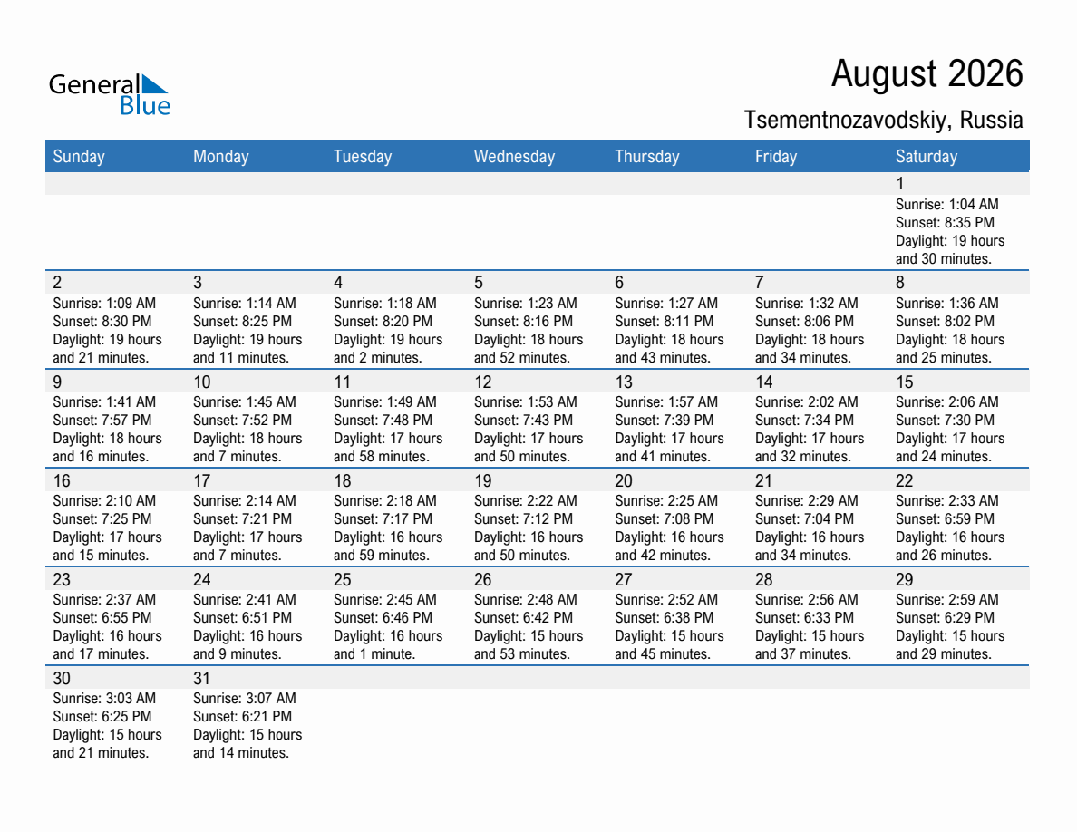 August 2026 sunrise and sunset calendar for Tsementnozavodskiy