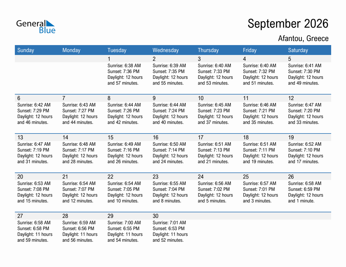 September 2026 sunrise and sunset calendar for Afantou