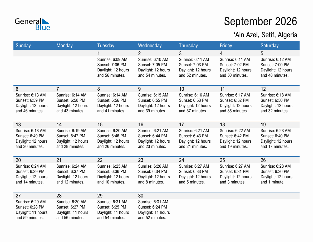 September 2026 sunrise and sunset calendar for 'Ain Azel