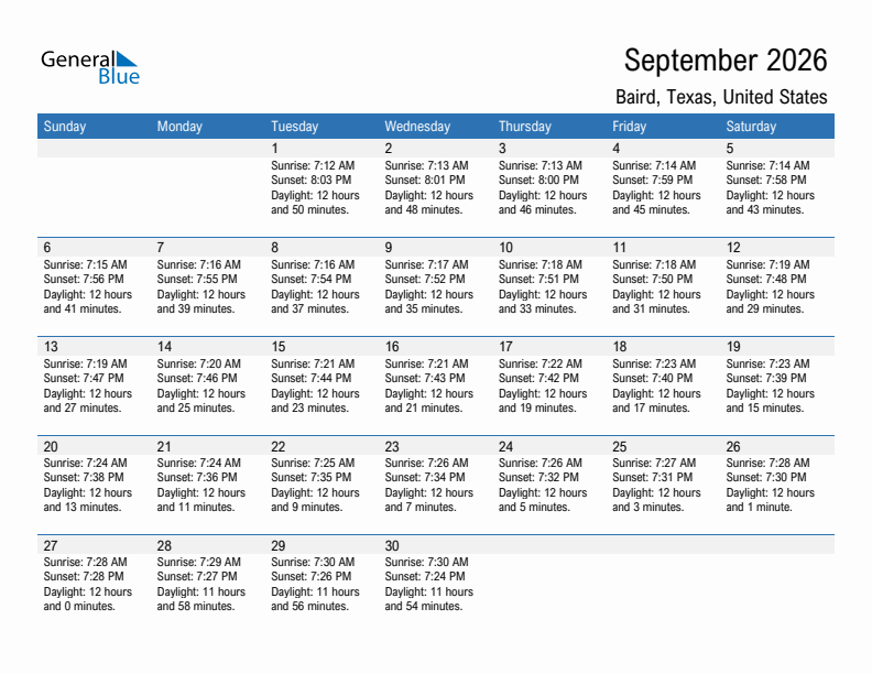 Baird September 2026 sunrise and sunset calendar in PDF, Excel, and Word