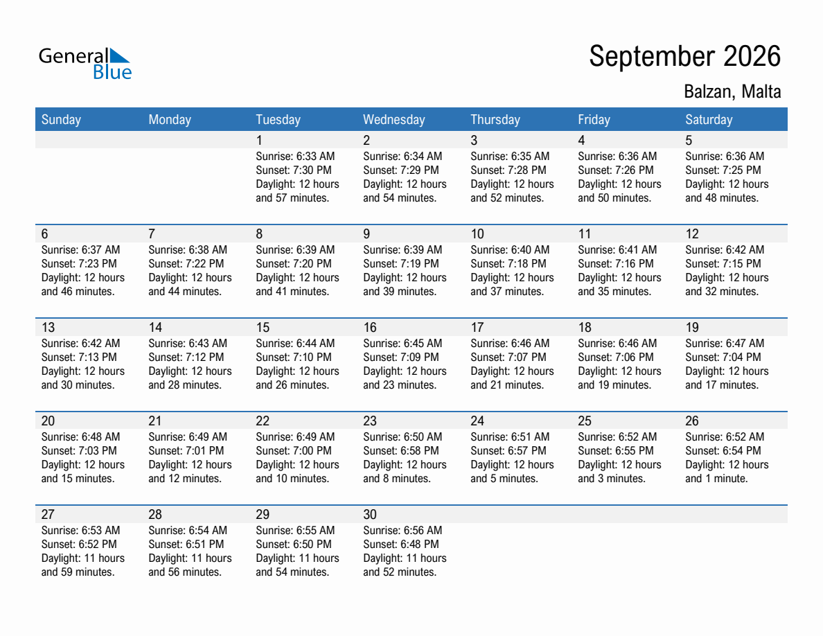 September 2026 sunrise and sunset calendar for Balzan