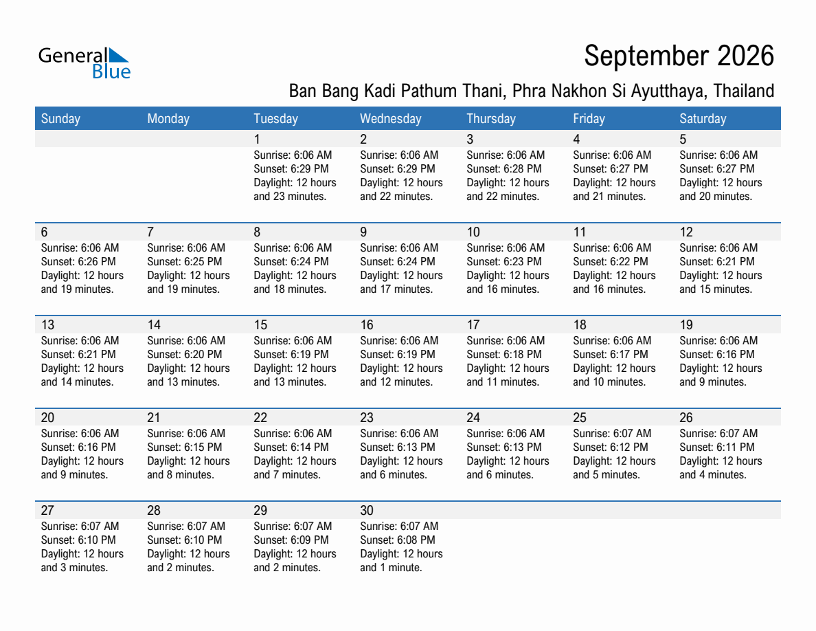 September 2026 sunrise and sunset calendar for Ban Bang Kadi Pathum Thani