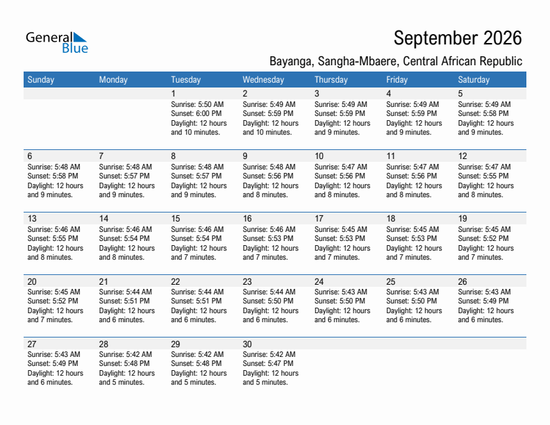 Bayanga September 2026 sunrise and sunset calendar in PDF, Excel, and Word