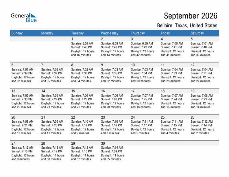 Bellaire September 2026 sunrise and sunset calendar in PDF, Excel, and Word