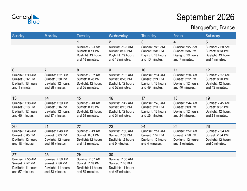 Blanquefort September 2026 sunrise and sunset calendar in PDF, Excel, and Word