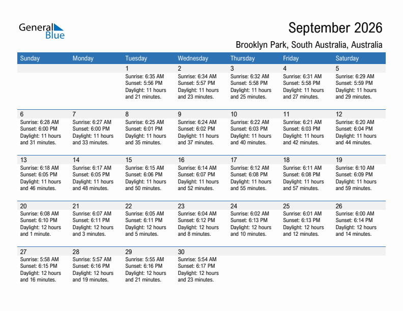 Brooklyn Park September 2026 sunrise and sunset calendar in PDF, Excel, and Word