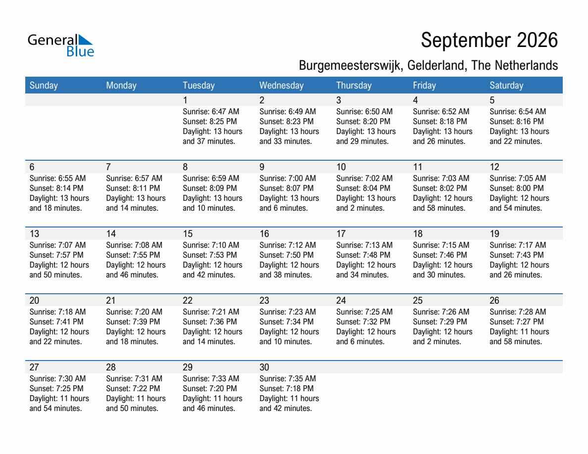 September 2026 sunrise and sunset calendar for Burgemeesterswijk