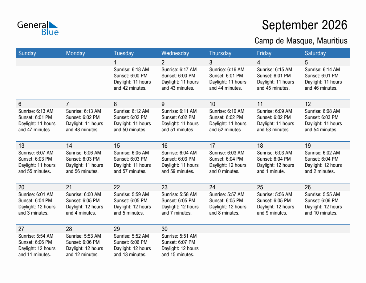 September 2026 sunrise and sunset calendar for Camp de Masque