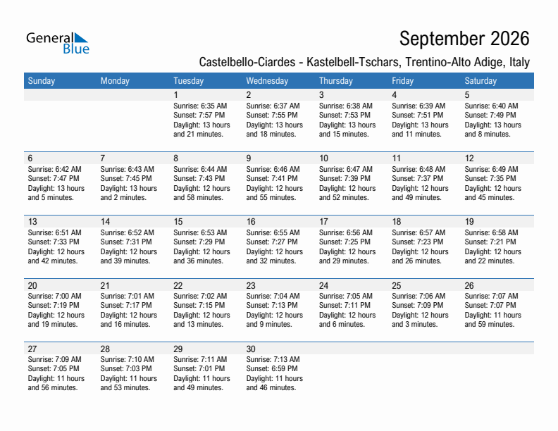 Castelbello-Ciardes - Kastelbell-Tschars September 2026 sunrise and sunset calendar in PDF, Excel, and Word