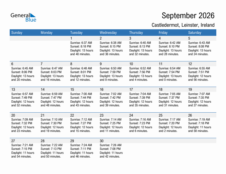 Castledermot September 2026 sunrise and sunset calendar in PDF, Excel, and Word