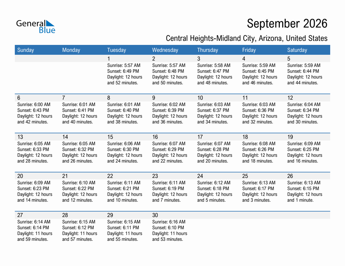 September 2026 sunrise and sunset calendar for Central Heights-Midland City