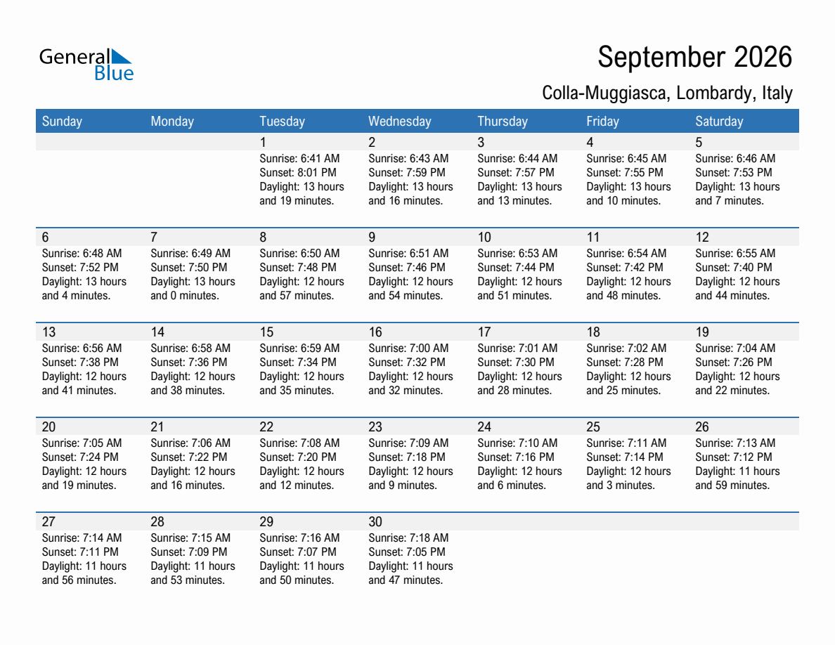 September 2026 sunrise and sunset calendar for Colla-Muggiasca
