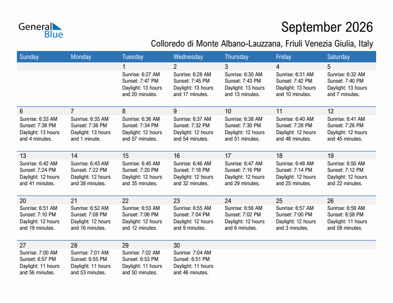 Colloredo di Monte Albano-Lauzzana September 2026 sunrise and sunset calendar in PDF, Excel, and Word
