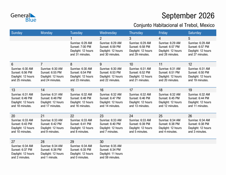 Conjunto Habitacional el Trebol September 2026 sunrise and sunset calendar in PDF, Excel, and Word