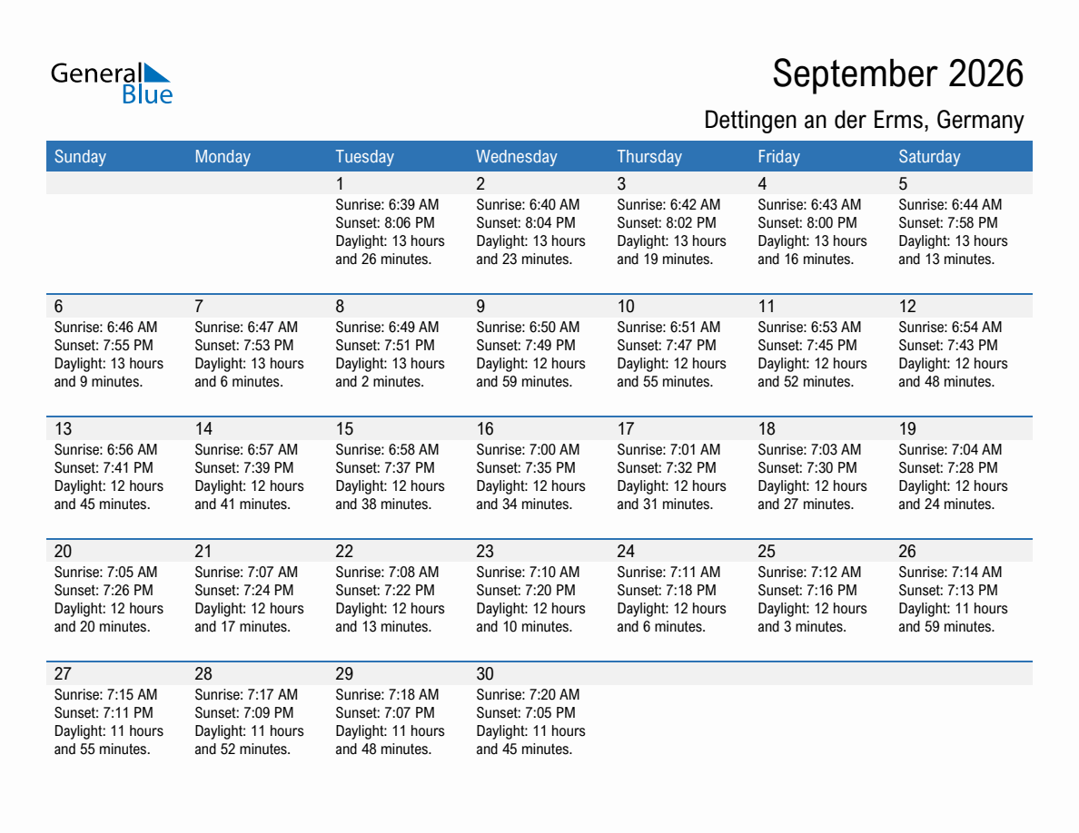 September 2026 sunrise and sunset calendar for Dettingen an der Erms