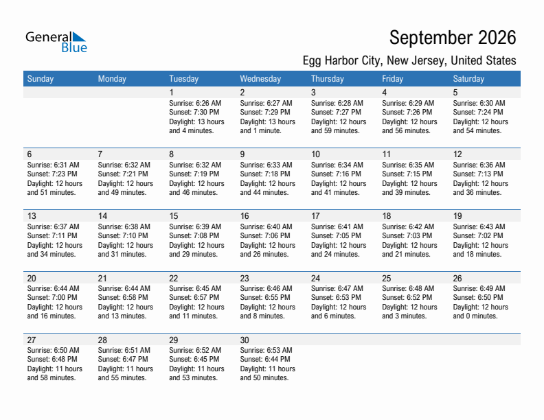 Egg Harbor City September 2026 sunrise and sunset calendar in PDF, Excel, and Word