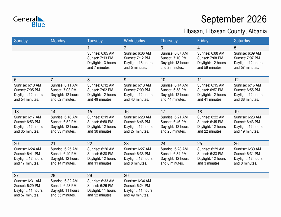 September 2026 sunrise and sunset calendar for Elbasan