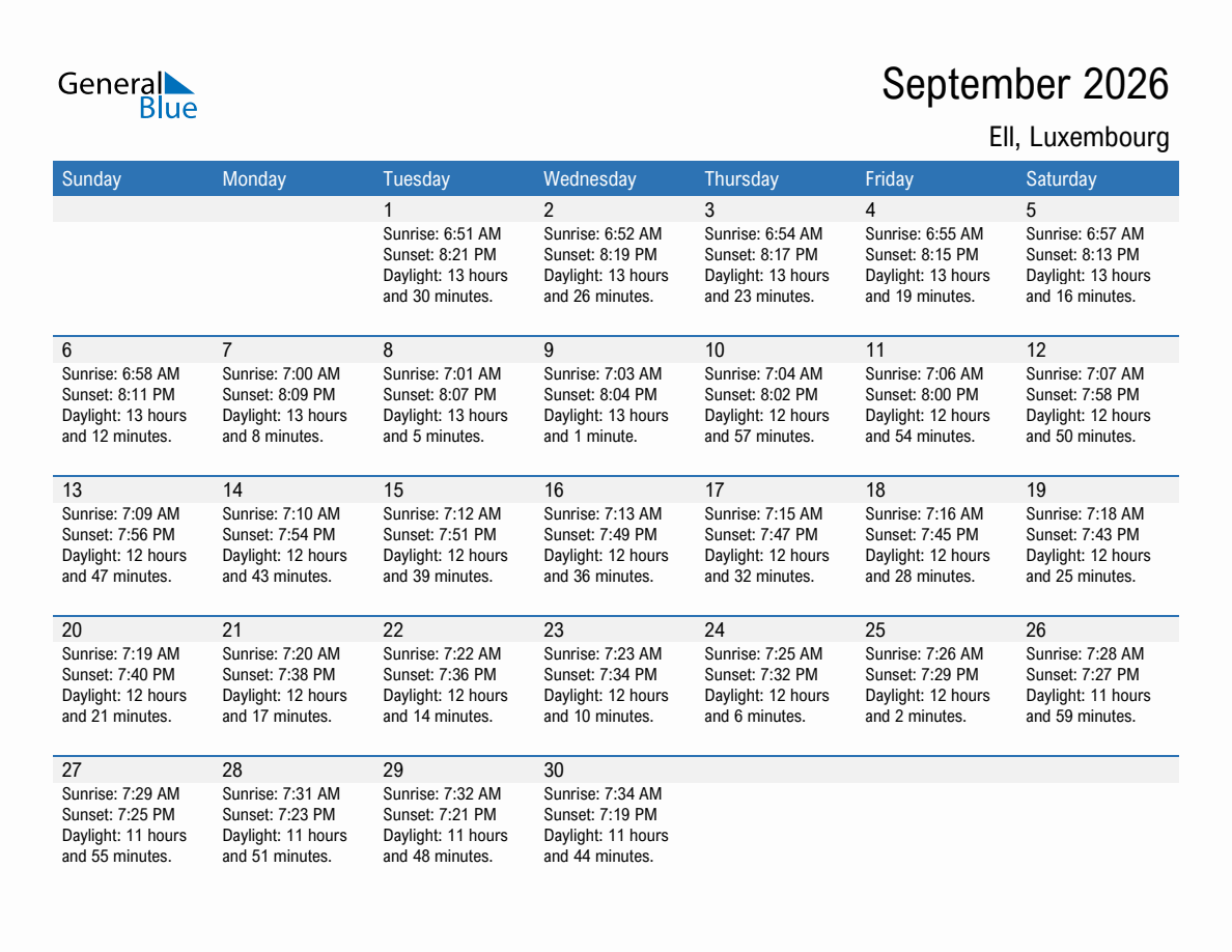 September 2026 sunrise and sunset calendar for Ell