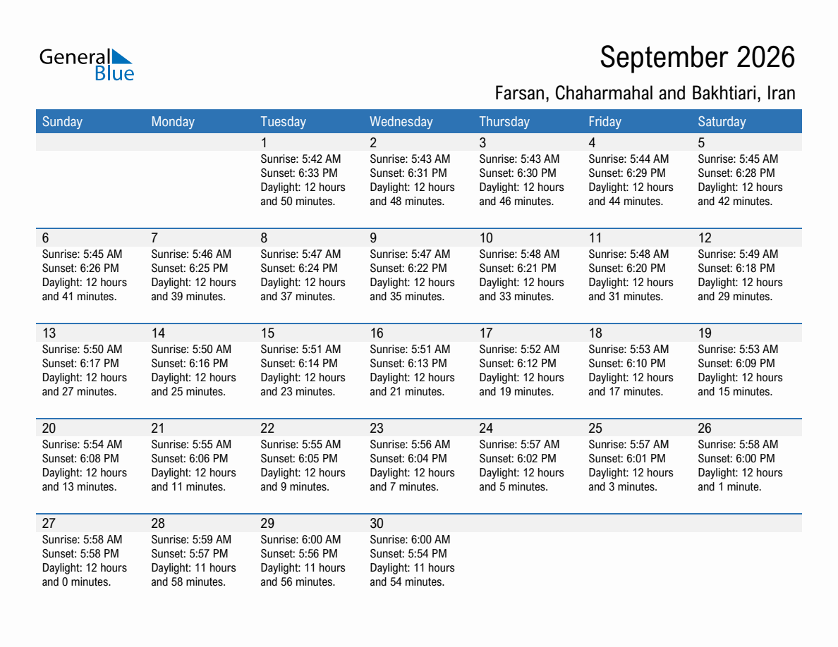 September 2026 sunrise and sunset calendar for Farsan