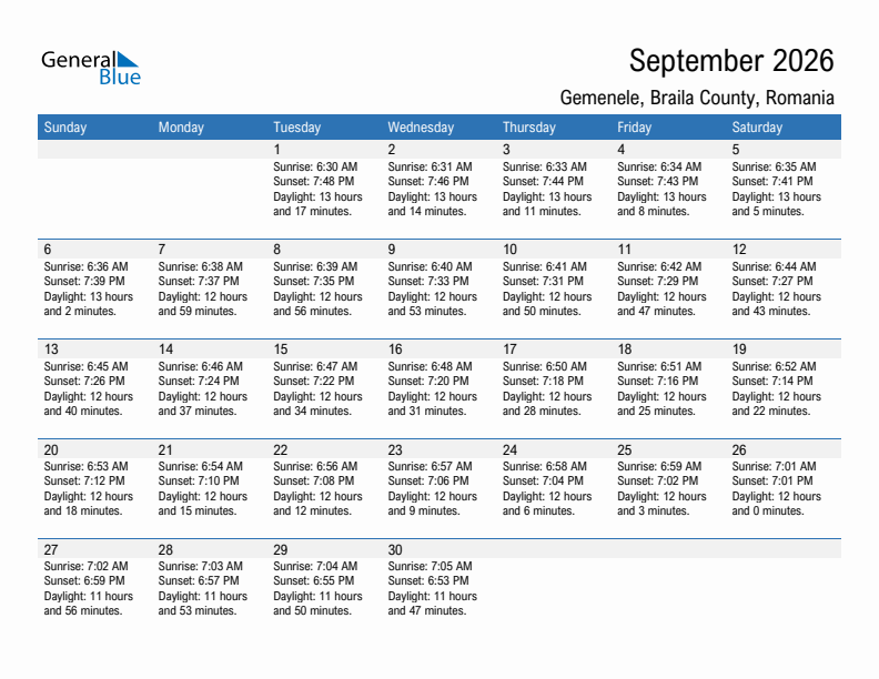 Gemenele September 2026 sunrise and sunset calendar in PDF, Excel, and Word
