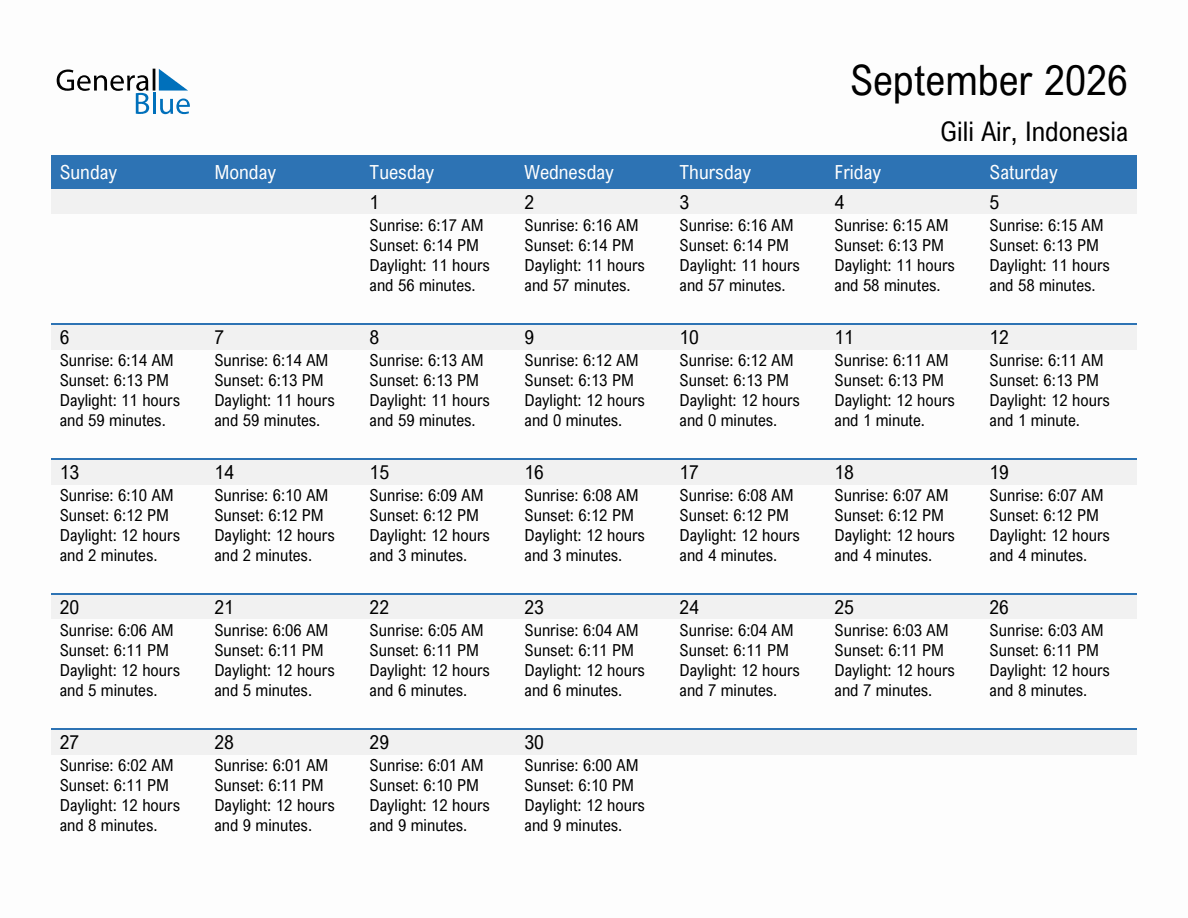 September 2026 sunrise and sunset calendar for Gili Air