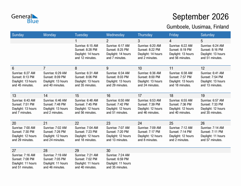 Gumboele September 2026 sunrise and sunset calendar in PDF, Excel, and Word