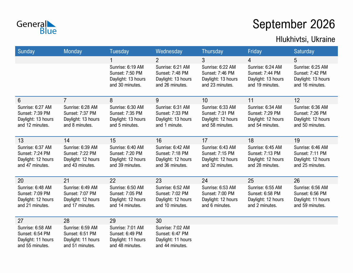 September 2026 sunrise and sunset calendar for Hlukhivtsi