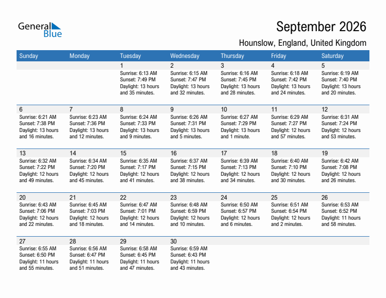 Hounslow September 2026 sunrise and sunset calendar in PDF, Excel, and Word