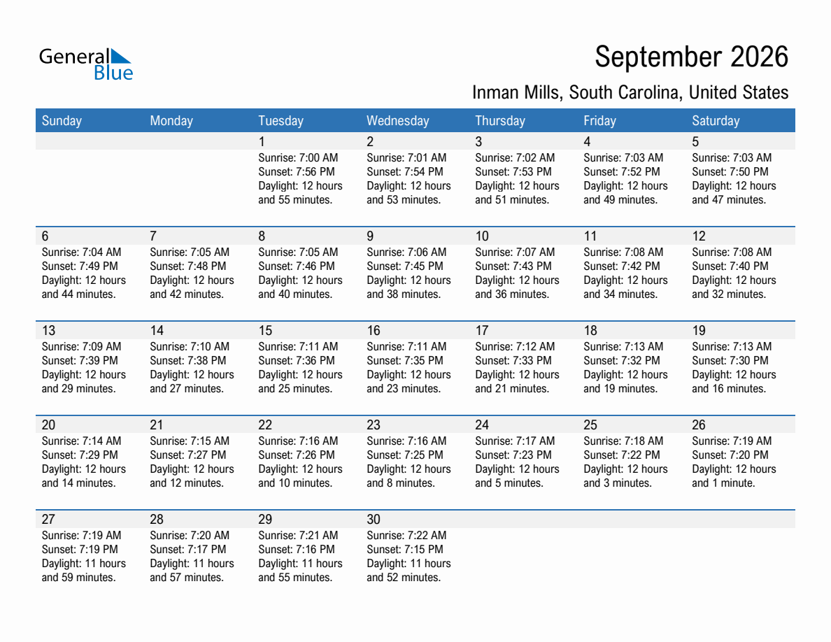 September 2026 sunrise and sunset calendar for Inman Mills