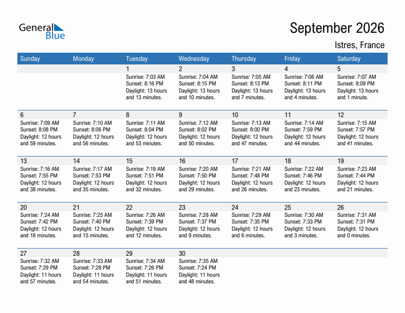 Istres September 2026 sunrise and sunset calendar in PDF, Excel, and Word